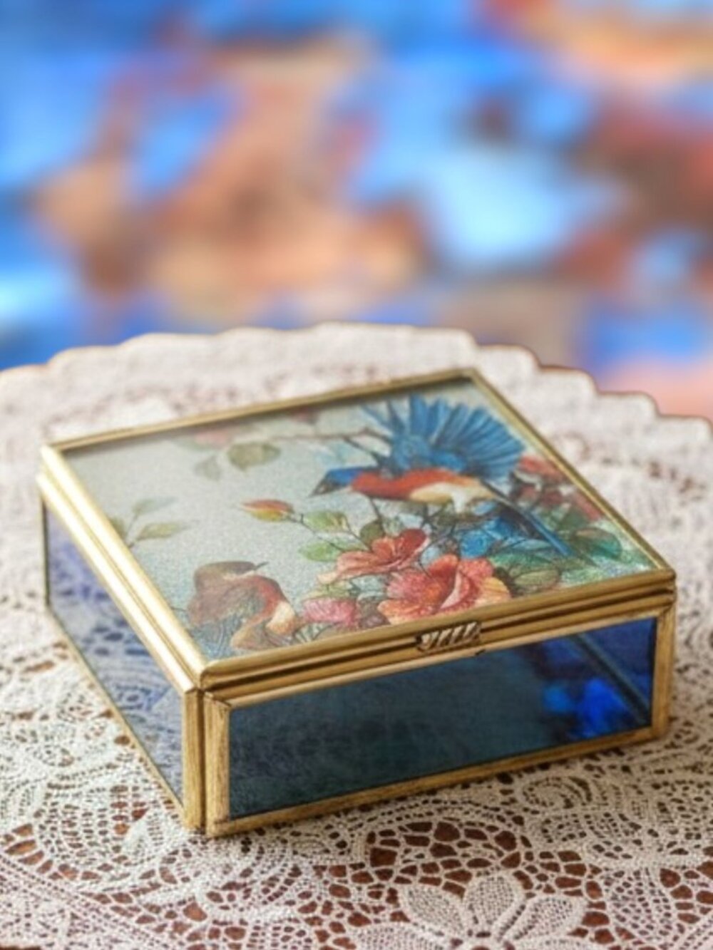 Vintage Enesco Foil Art Trinket Box Glass Brass Mirrored Inside 3.25" x 3.25"
